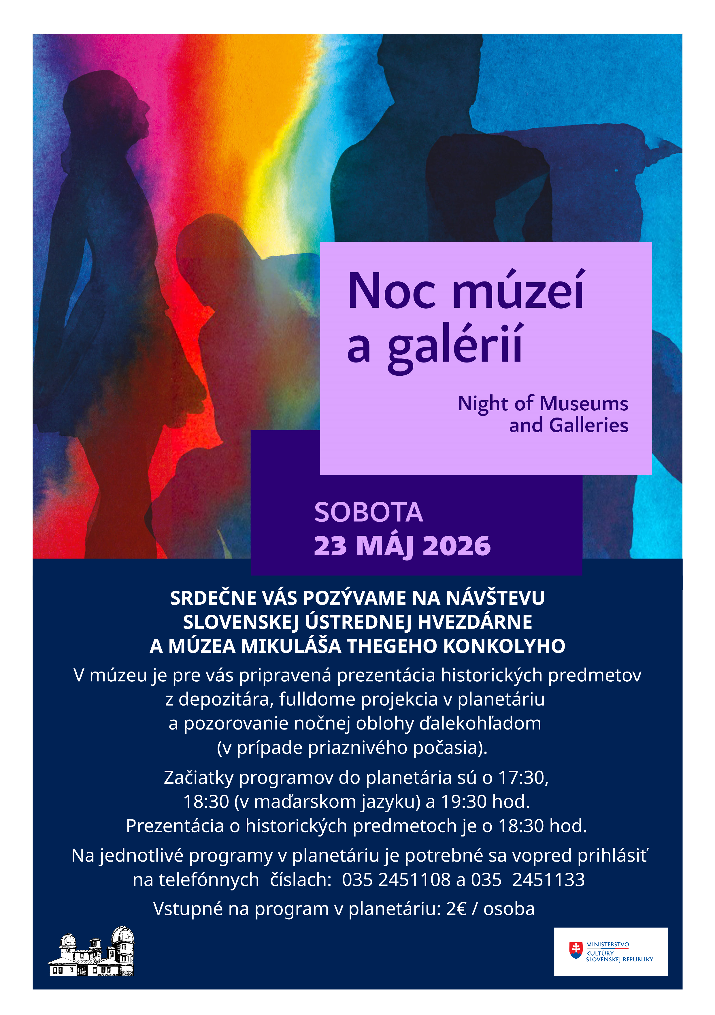 Plagát Noc múzeí 2026. Je na ňom uverejnený program, ktorý je popísaný vyššie.